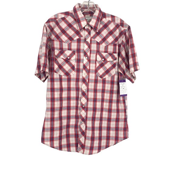 Wrangler M Wrancher Shirt Red Blue Plaid Pearl Snap Button Short Sleeve Collared - Picture 13 of 13